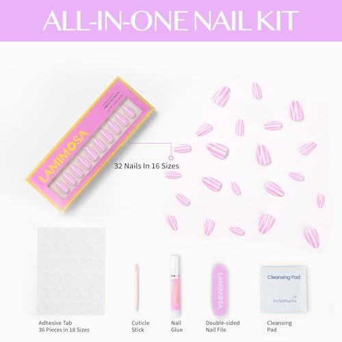 LAMIMOSA Candy Stripes Press On Nails Kit - 32 Pcs Short Almond Soft Gel