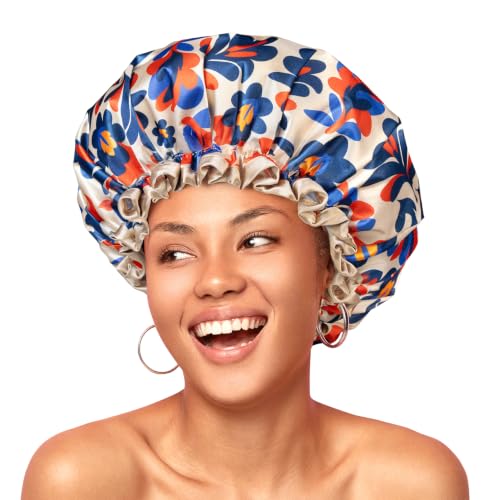 X-Large Reusable Shower Cap for Long & Thick Hair - Abstract Floral Waterproof Design