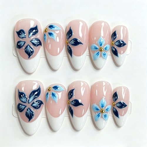 BRKYKGK Medium Almond Press on Nails with 3D Floral Design - Style18