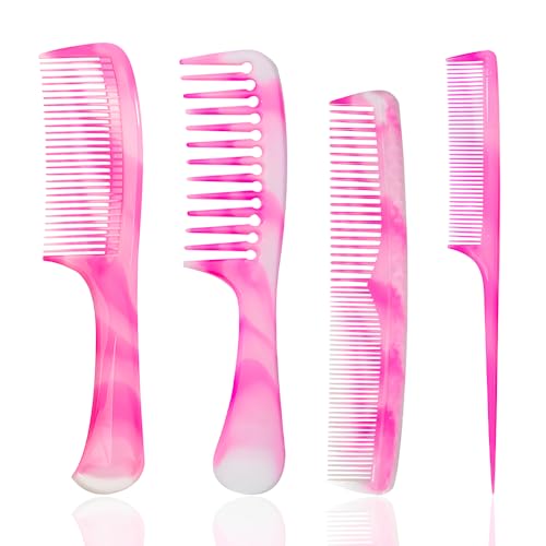 Pink Hair Comb Set - Wide Tooth, Fine Tooth, Rat Tail & Dual Comb