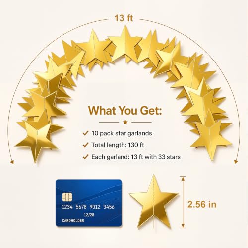 Gold Star Garland - 10 Pack, 130 Feet Party Decoration for Events