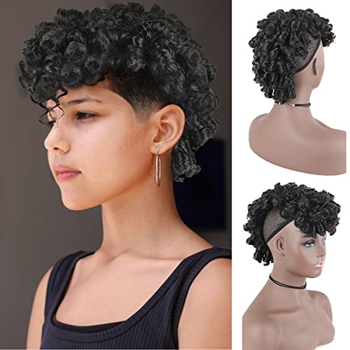 Oseti Curly Mohawk Ponytail Wig with Bangs - 1B Clip-in Afro Faux Hawk