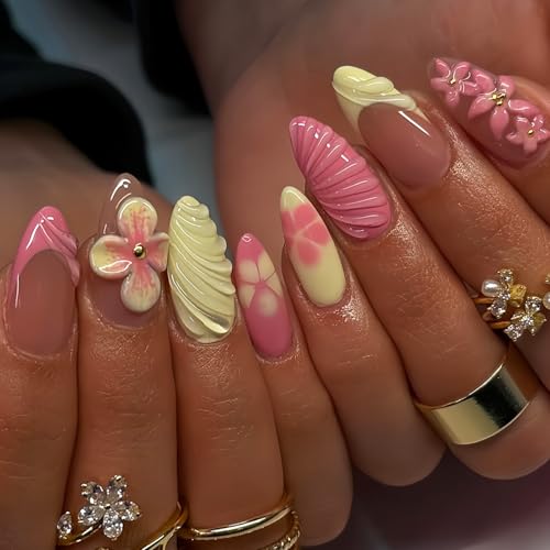24Pcs French Tip Press on Nails - Floral Acrylic Nail Art