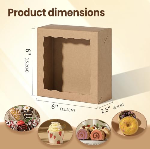 NEKSUNBAK 20 Pack Brown Bakery Gift Boxes with Window - 6x6x2.5 inches