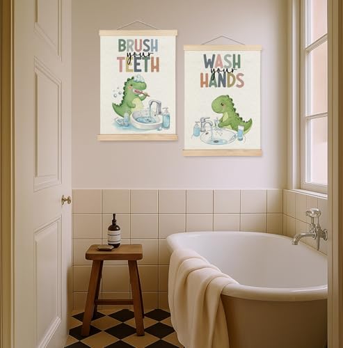 Dinosaur Bathroom Wall Art Set of 2 - Cute Canvas Prints 12x16