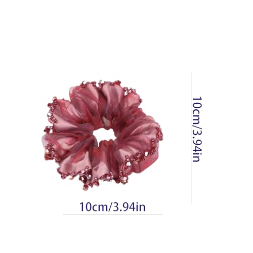 Pink Satin Beaded Trim Hair Scrunchies 2-Pack for Elegant Ponytails