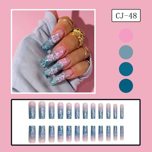 Long Square Press on Nails - Blue Gradient with Pink Floral Glitter