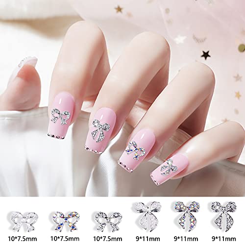 JERCLITY 30 Pieces Silver Bow Nail Charms – Bowknot Nail Studs with Iridescent/Clear Diamonds & Pearl
