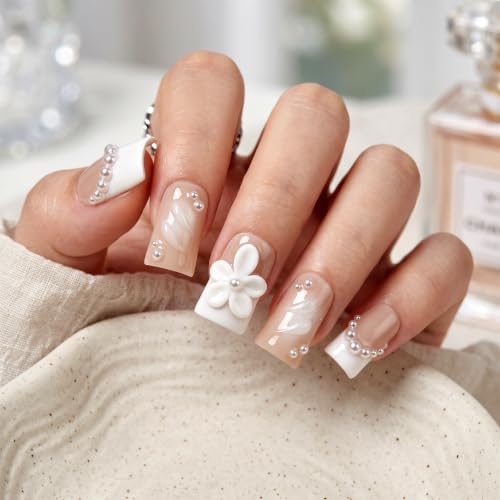 Vanpaga Medium Press-On Nails Short Square White French Nails with 3D Flower & Pearls - Reusable, Easy Application, Wedding, 10Pcs