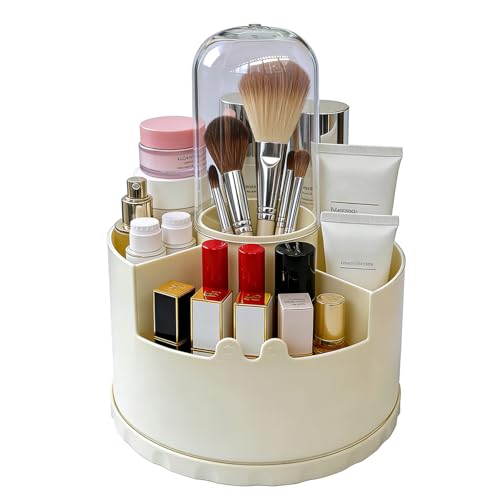 360 Rotating Makeup Organizer with Dust-Proof Lid - Beige