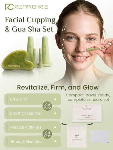 Rena Chris Green Facial Cupping Set & Gua Sha Tool - Jade Therapy for Skin Care