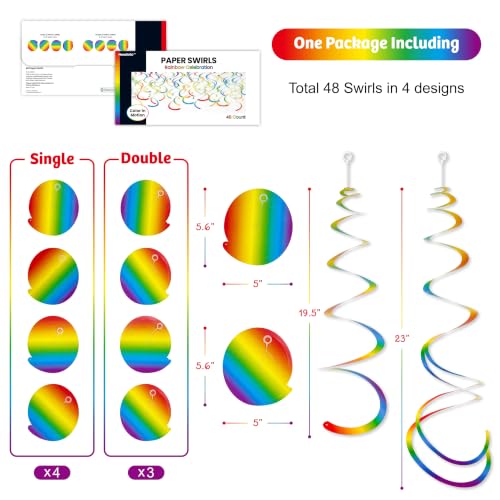 HonuGoGo Rainbow Gradient Hanging Swirls - 48 Pc Party Decorations