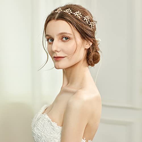 BABEYOND Gold Bridal Headpiece Handmade Wedding Hair Vine with Crystals & Lace Ribbon