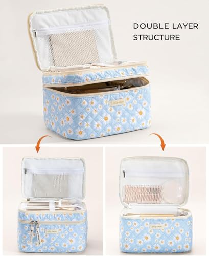 HBselect 2-Piece Quilted Floral Makeup Bag Set, Large Travel Toiletry Pouch