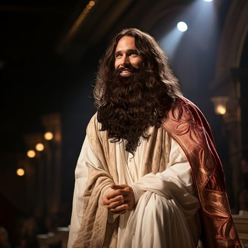 JEGERMIG Brown Long Curly Wig and Beard Set - Halloween Costume & Cosplay Variant 1