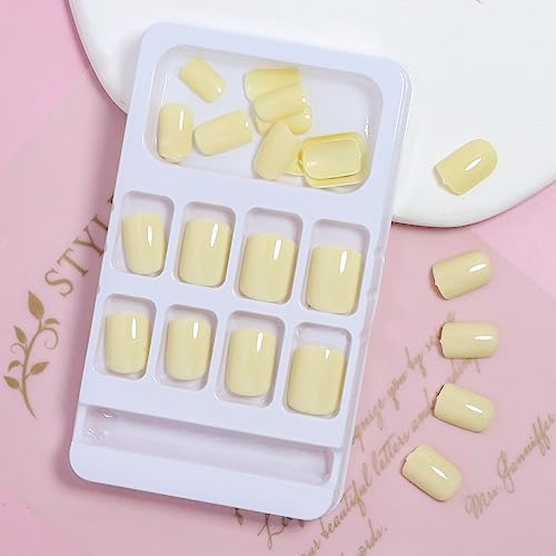 LPOODDNU 24Pcs Short Square Acrylic Press-On Nails - Light Yellow