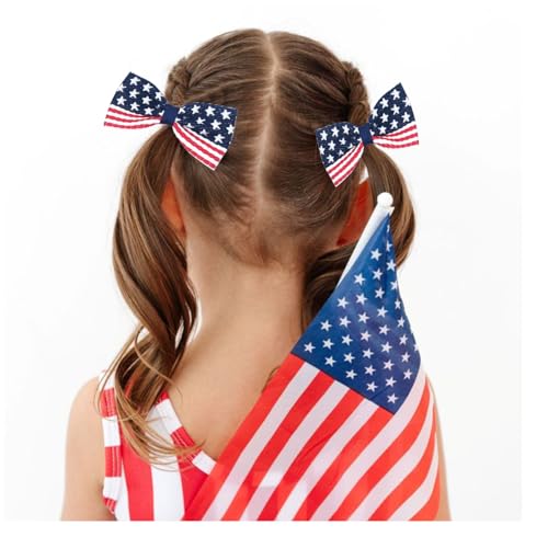 4Pcs Patriotic American Flag Hair Bows for Girls - 5 Inch Clips
