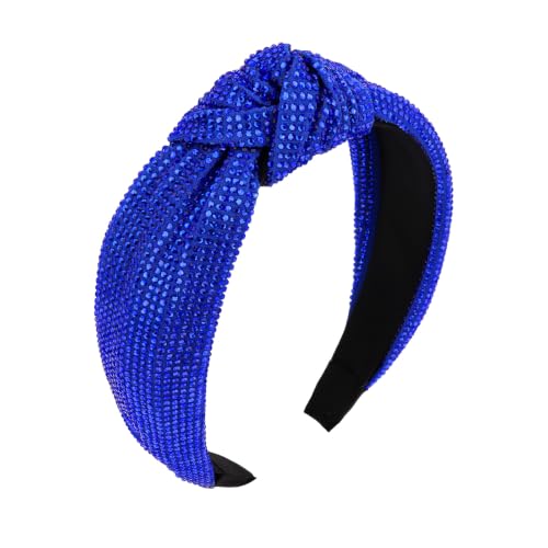 Royal Blue Rhinestone Knotted Headband for Women - Non-Slip Wide Hair Band
