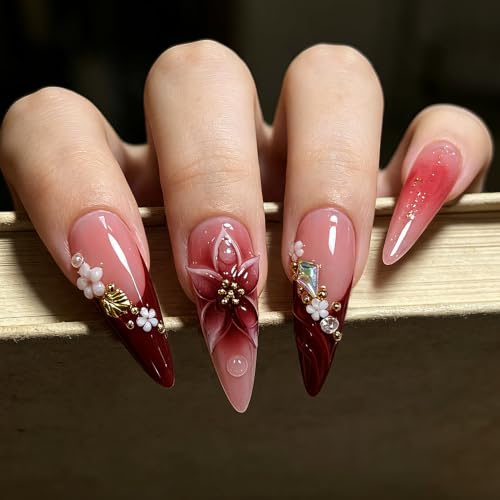 TENPAL Burgundy French Tips Long Stiletto Press-On Nails 3D Floral L
