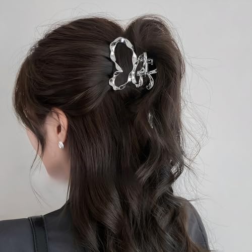Silver Small Butterfly Wave Hair Claw Clips - Pack of 5 with Pearl & Crystal Accents