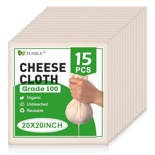 15-Pack Organic Cotton Cheese Cloths, 20x20 Inch, Reusable for Straining & Cooking