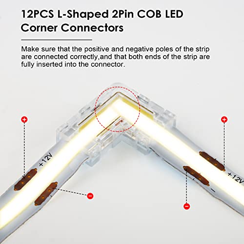L Shape LED Strip Connector Set - 12 Pack, Solderless, Tool-Free for 10mm COB & SMD Strips