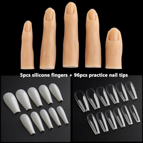 Silicone Nail Art Practice Fingers - Skin Color (5pcs) with 96 False Tips