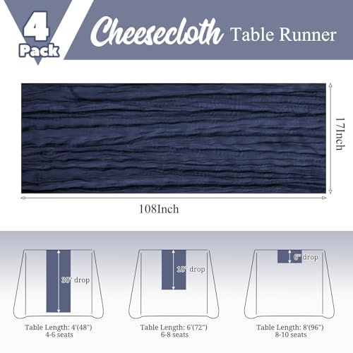 Navy Blue Cheesecloth Table Runner Set - 4 Pack, 17 x 108 Inches