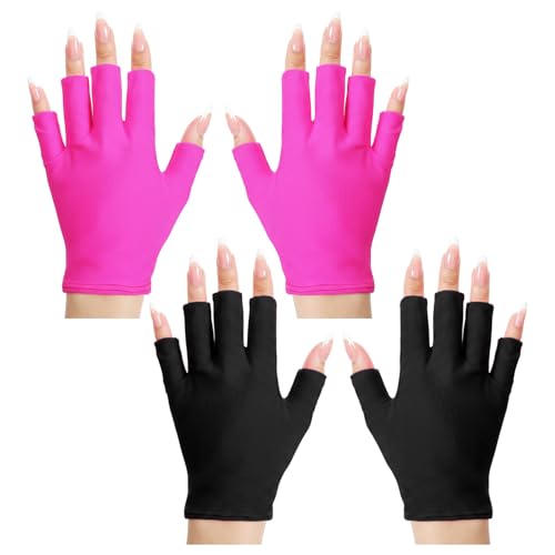 Xelsluthe UV Protection Gloves for Manicures - Fingerless, Black & Pink