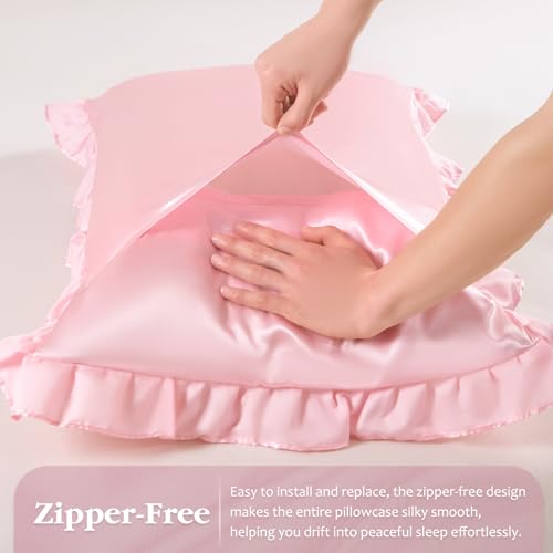 Pink Ruffle Satin Pillowcase Set of 2 - 20x30 Inches, Luxurious Comfort