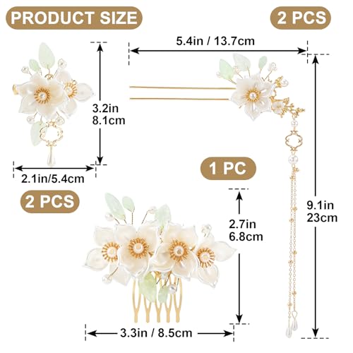 Camelia 5pcs Flower Tassel Hairpins for Women, Retro Crystal Pearl Hair Clips, Hanfu Wedding Bridal Accessories