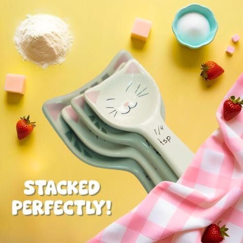 Cat Measuring Spoons Set of 4 - Hand-Painted Ceramic Kitchen Utensils