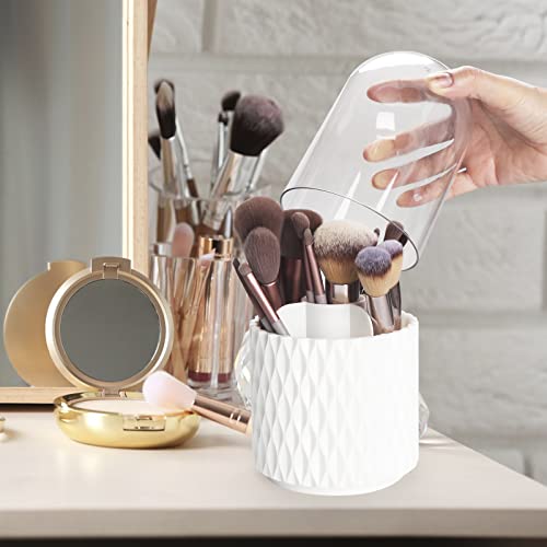 White Makeup Brush Holder Organizer with Lid - 360° Rotating Dustproof