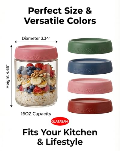 16 oz Glass Meal Prep Containers - Airtight Overnight Oats Jars (4-Pack)