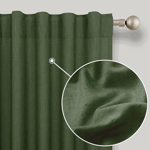 KOUFALL Olive Green Semi Sheer Linen Curtains - 45 Inch Length, Set of 2 Panels
