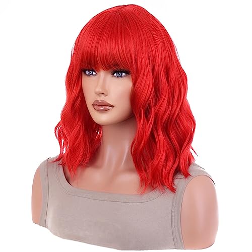 ANESHE Red Short Curly Wig with Bangs for Women - Wavy Bob Style, Shoulder Length, Heat-Resistant Synthetic Fiber, Daily & Party Use