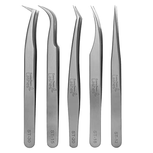 Eyelash Extension Tweezers Set - 5 Pcs Curved & Straight Lash Applicators for Volume & Cluster Lashes