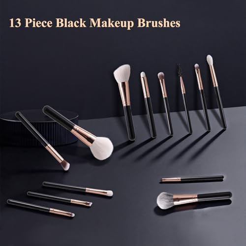 13-Piece Black Makeup Brush Set with Goat Hair & Synthetic Bristles for Face & Eyes