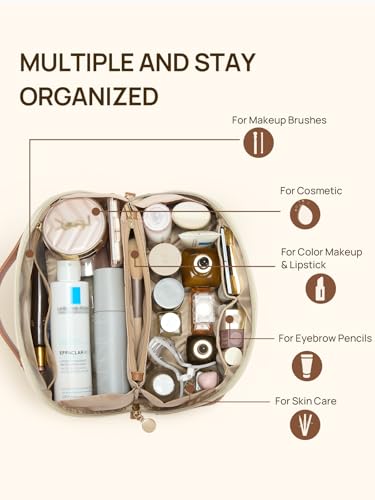 Telena Beige Leather Makeup Bag - Waterproof Travel Cosmetic Organizer with Handle & Divider