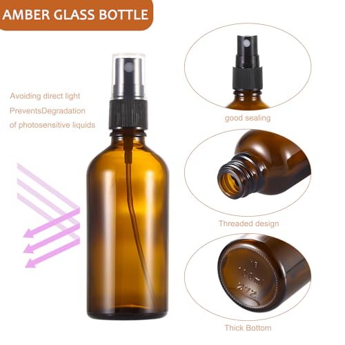 3.4 oz Amber Glass Spray Bottles - 6 Pack Refillable Fine Mist Containers