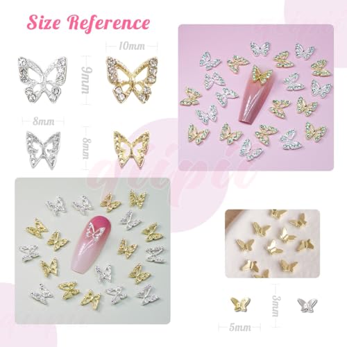 3D Butterfly Nail Charms Set - 58pcs Gold & Silver Rhinestones
