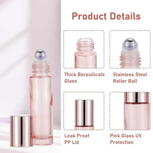 Rose Gold Glass Roller Bottles - 8 Pack 10ml Essential Oil Roll-ons with UV Protection