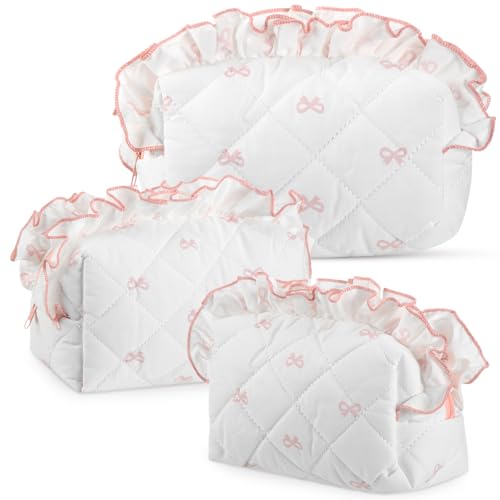 Kacctyen Pink Bow Quilted Makeup Bag Set - Travel Cosmetic Pouch for Women & Girls
