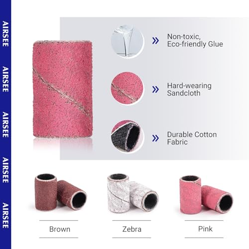 AIRSEE 100-Piece Nail Drill Sanding Bands Set - 180 Grit Pink