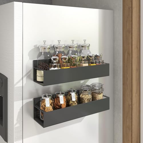 Magnetic Spice Rack Organizer - 2 Pack Black Metal Shelf for Fridge & Oven