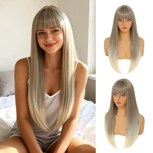 24in Ashy Blonde Straight Wig with Bangs for Women - Bkiyyi