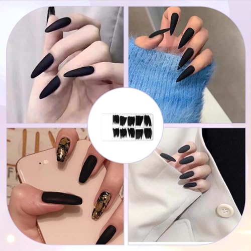 Black Stiletto Press-On Nails Set - 100 PCS, 10 Sizes Matte