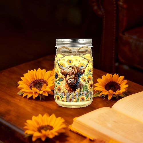 Highland Cow Sunflower Jar - Rustic Decor & Night Light