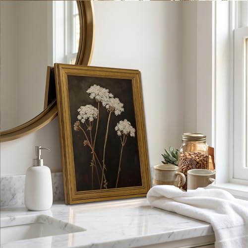 Vintage Botanical Wall Art - Queen Anne's Lace Canvas Print with Gold Frame - 9x11 Inch