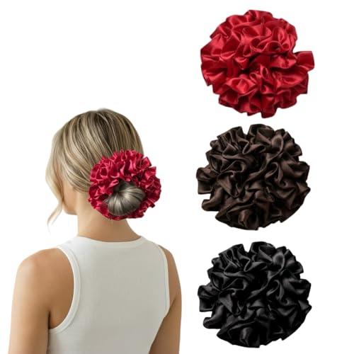 3-Pack Satin Scrunchies for Women - Large Velvety Ruffle Hair Ties, Black Brown Red